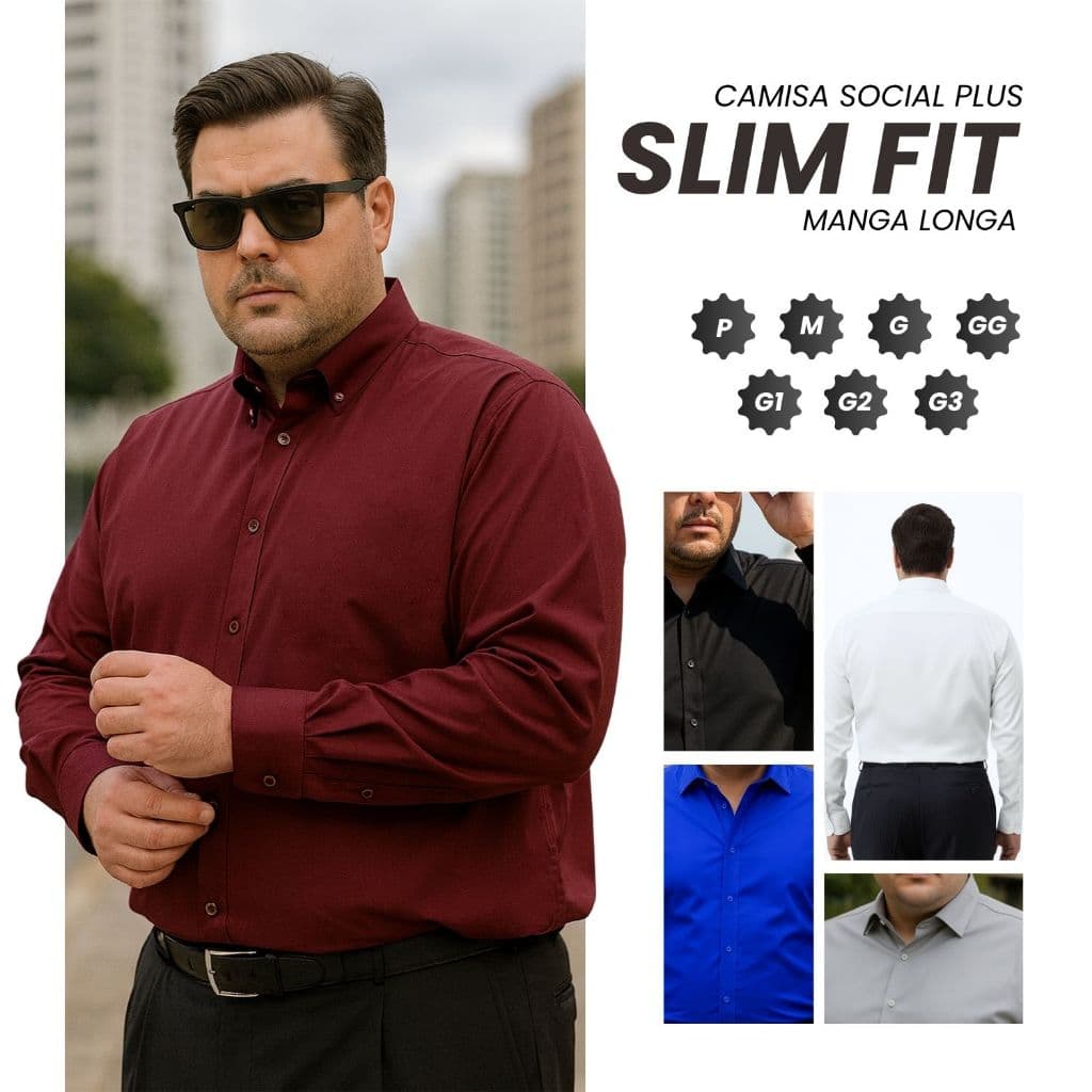 Camisa Social Manga Longa Slim Masculina Lisa Plus Size