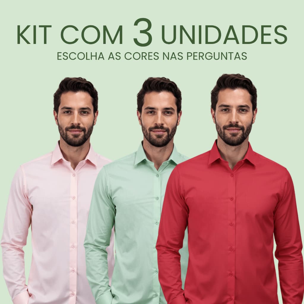 Kit 3 Camisa Social Masculina Slim Fit Manga Longa Plus Size