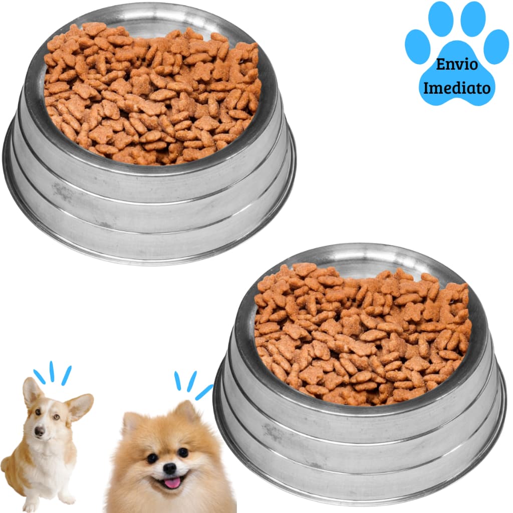 Kit 2 Comedouro Alumínio Vasilha Pote Cachorro Pesado Polido Ração Água 700ml