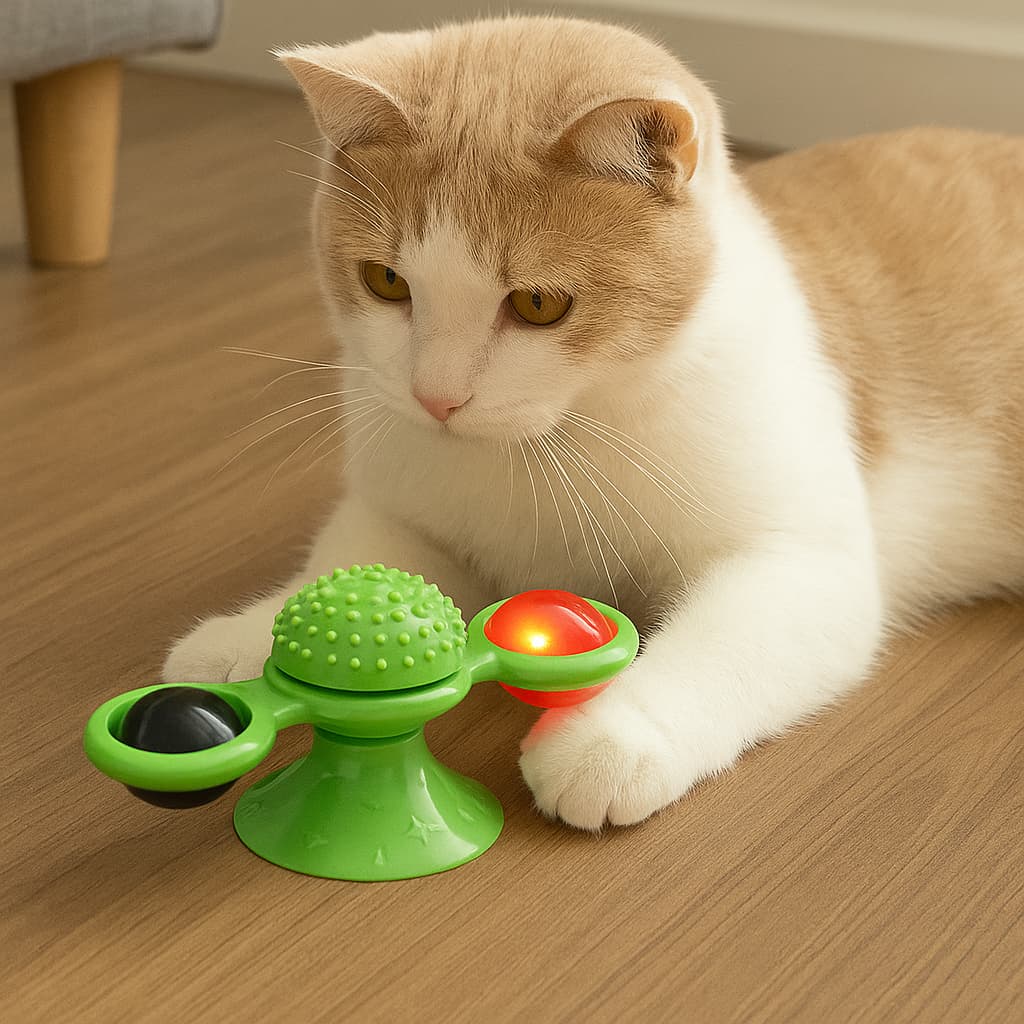 Brinquedo Interativo Para Gatos Moinho Cata Vento Giratório Com Ventosa Luz LED Catnip Erva De Gato