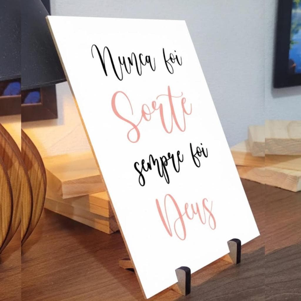 Quadrinho Quadro Nunca foi Sorte Sempre foi Deus Com suportes de Mesa Decoração Estante Sala