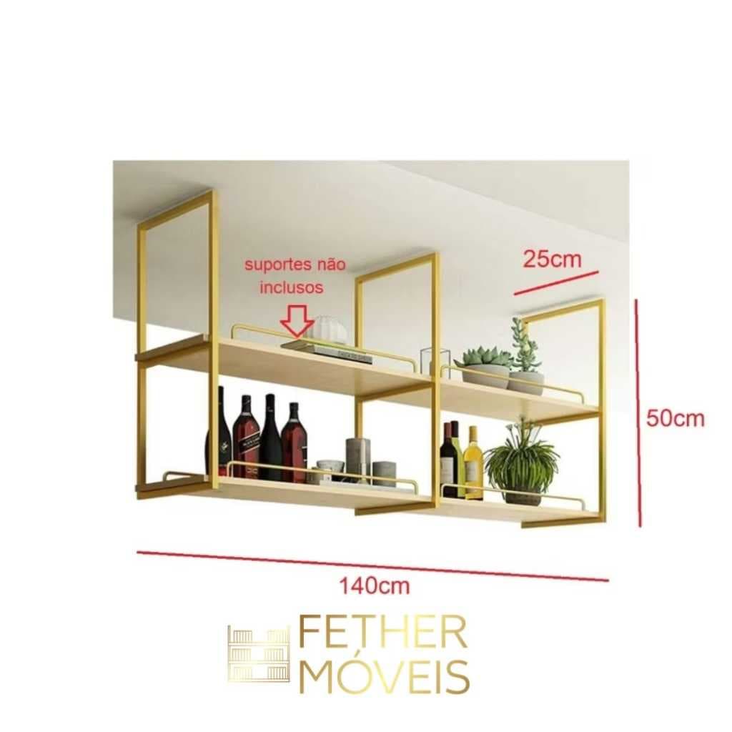 PRATELEIRA INDUSTRIAL SUSPENSA/PAREDE 50X25 DOURADO COM PRATELEIRA BRANCA OU SUPORTES