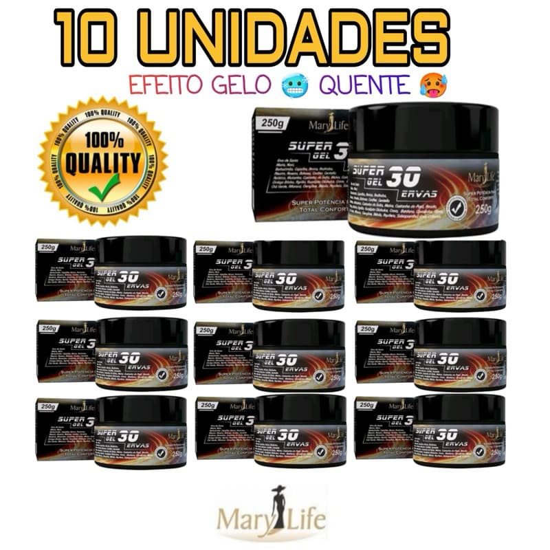 Kit 10 uni Super Gel 30 Ervas Mary Life 250g💪Efeito Gelo❄️e Quente🔥Relaxante Muscular