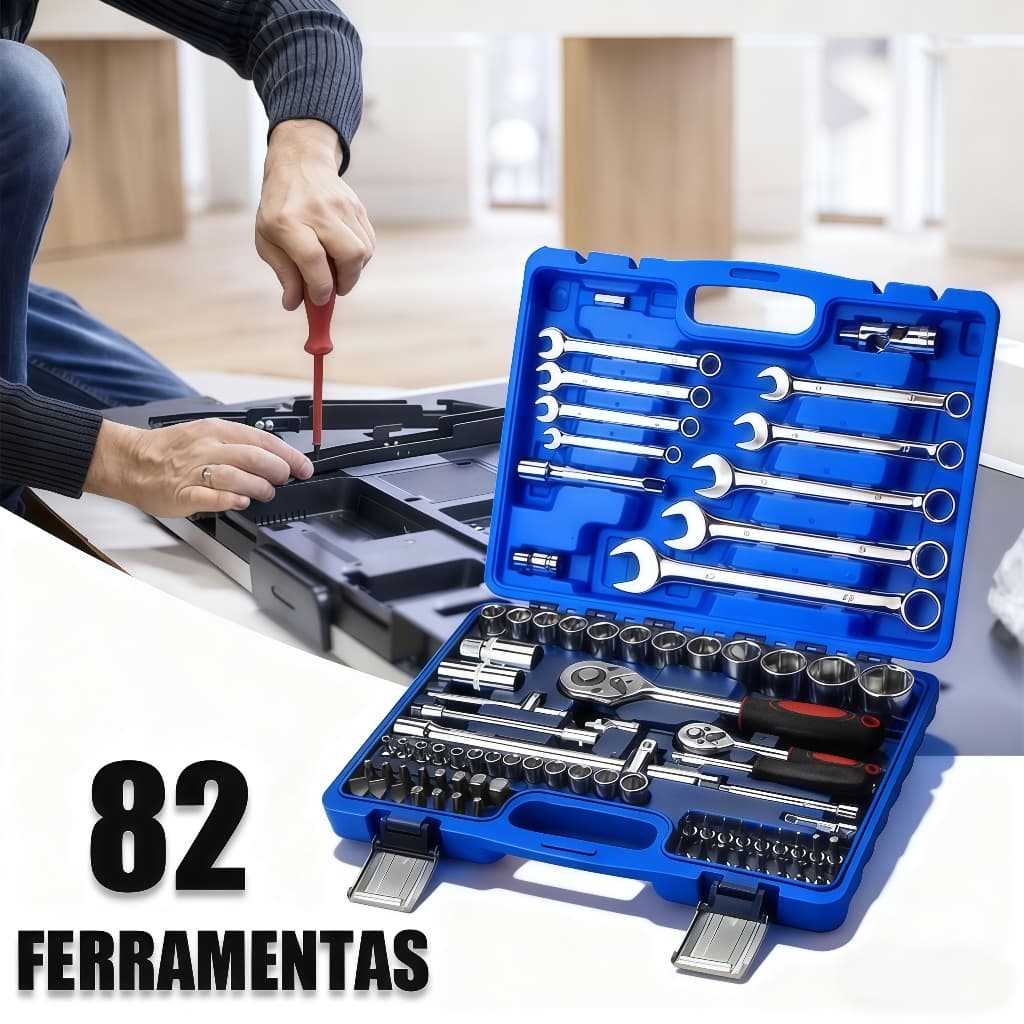 Kit 82 Peças Jogo de Soquetes Completo Chave Catraca Reversível  Maleta Multifunções