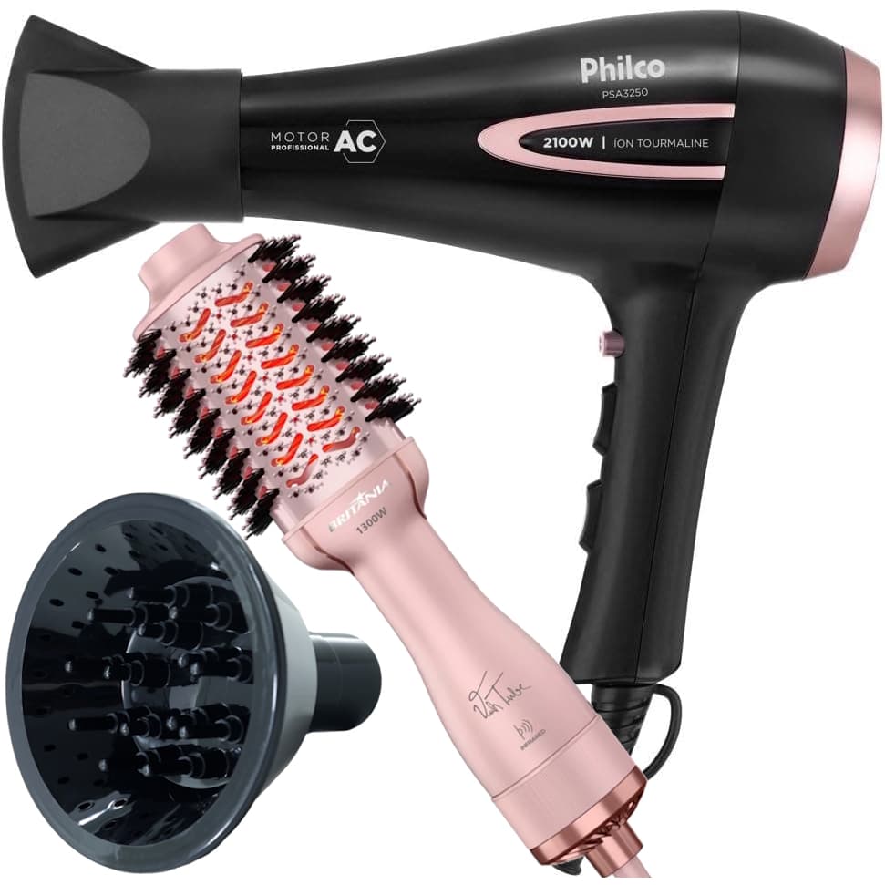 Secador de Cabelo Philco 2100w Ar quente Frio Profissional íons Tourmaline Difusor Escova Secadora 1300w