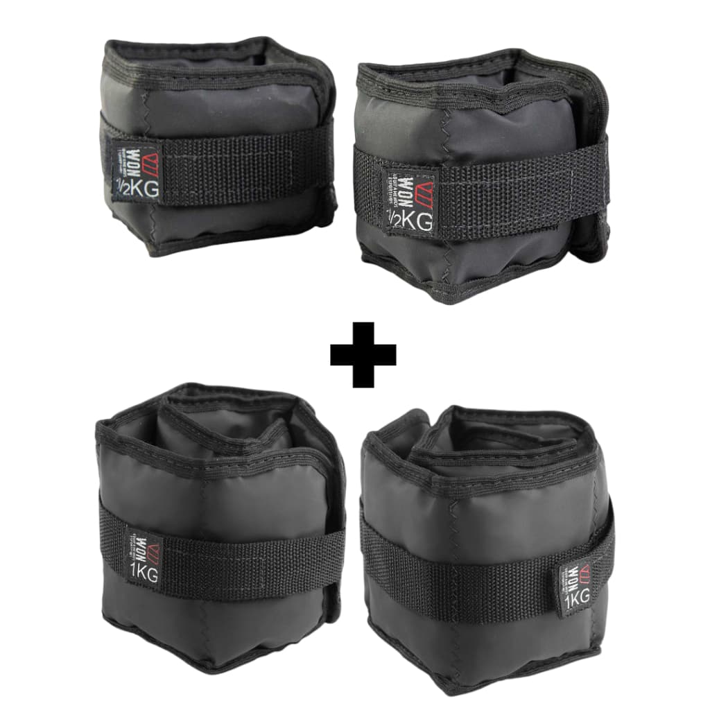 Kit Par Caneleiras 0,5kg + 1kg Profissional Won Tornozeleira de Peso Academia Treino Funcional Preto