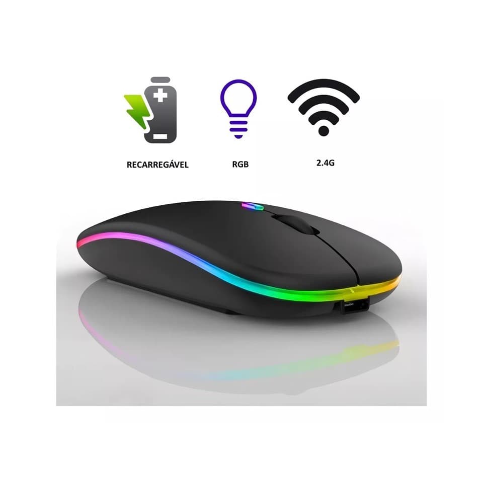 Mouse Sem Fio Recarregável Wirelles bluetooth 5.0 Ergonomico Silenciso Computador pc Notebook Rgb Cor Preto A6015
