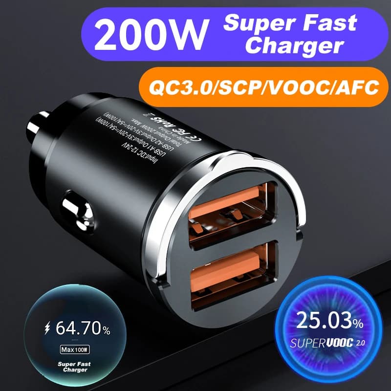 Carregador Veicular turbo 200w USB-C PD Rápido para iPhone 14/13, Huawei, Xiaomi, Samsung, iPad