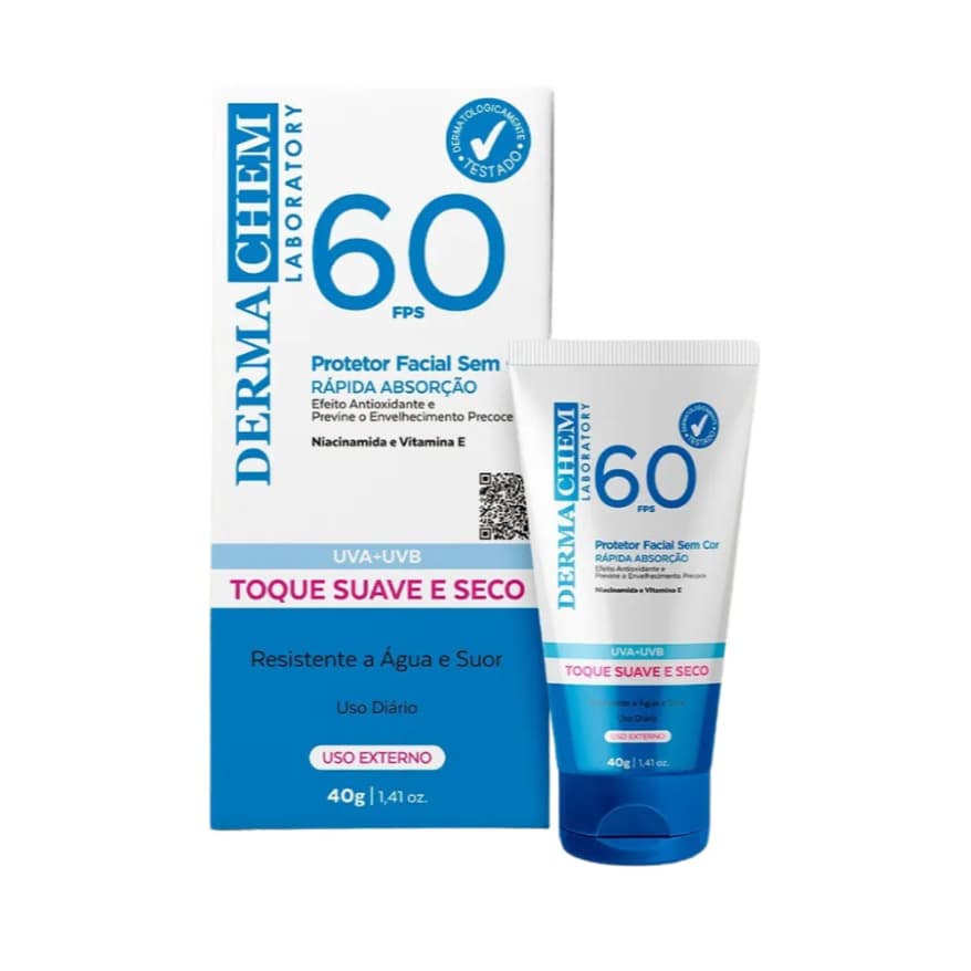 Dermachem Protetor Solar Facial FPS 60 Toque Seco Niacinamida e Vitamina E Sem Cor 40g