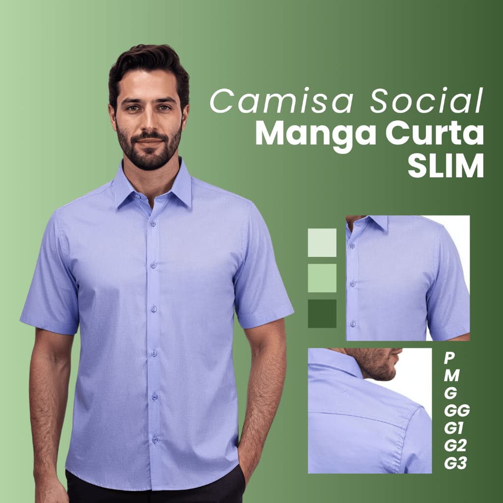 Camisa Social Masculina Slim Lisa Premium Manga Curta Plus Size