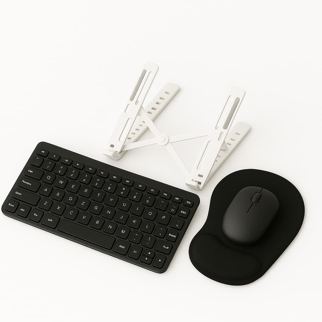 Kit Home Office Completo Suporte Notebook Alumínio Teclado Mouse Sem Fio Bluetooth Mousepad Gamer