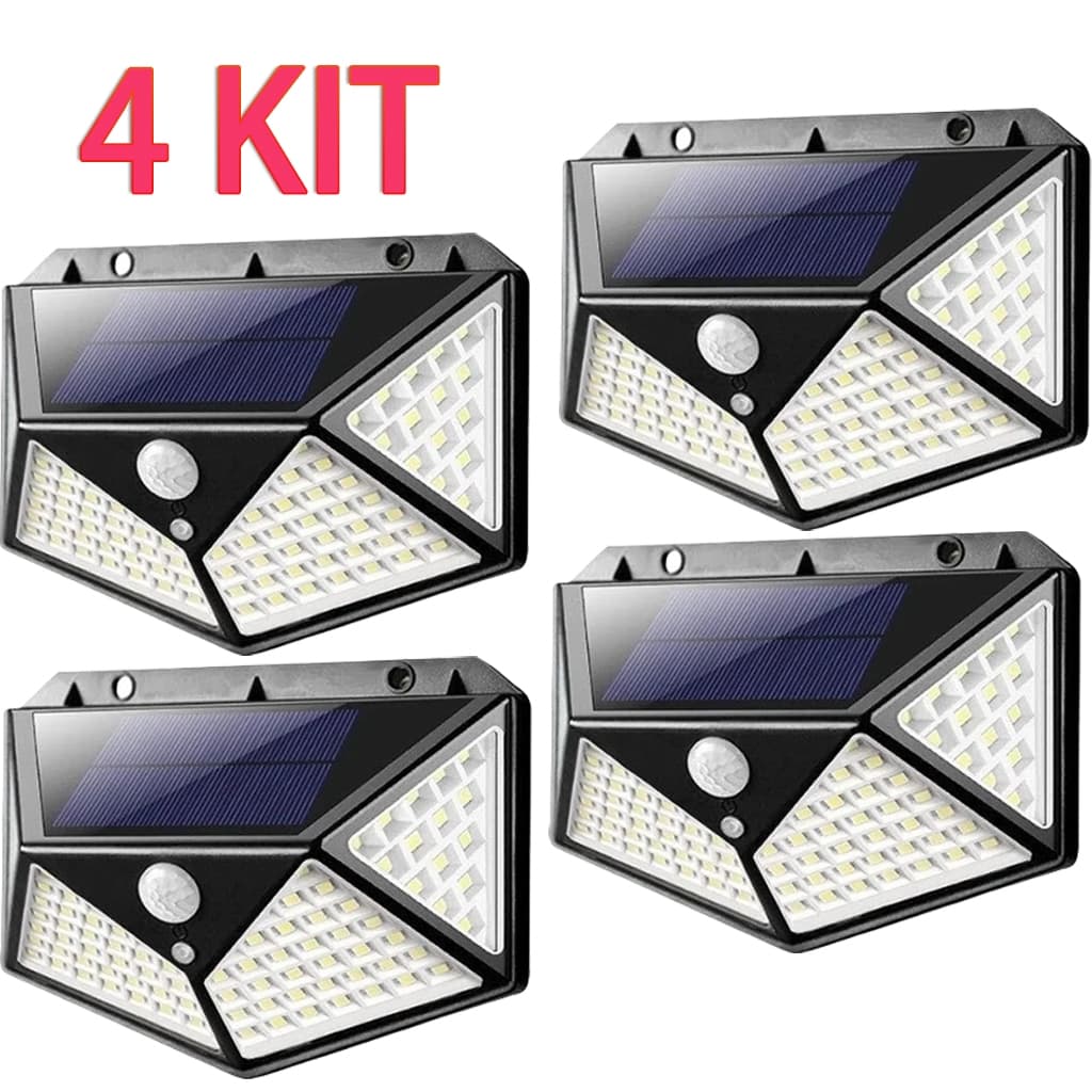 4 Luminária Solar 100 Led Com Sensor Prova D'Água Refletor Solar Parede Luz Led Solar Luminaria