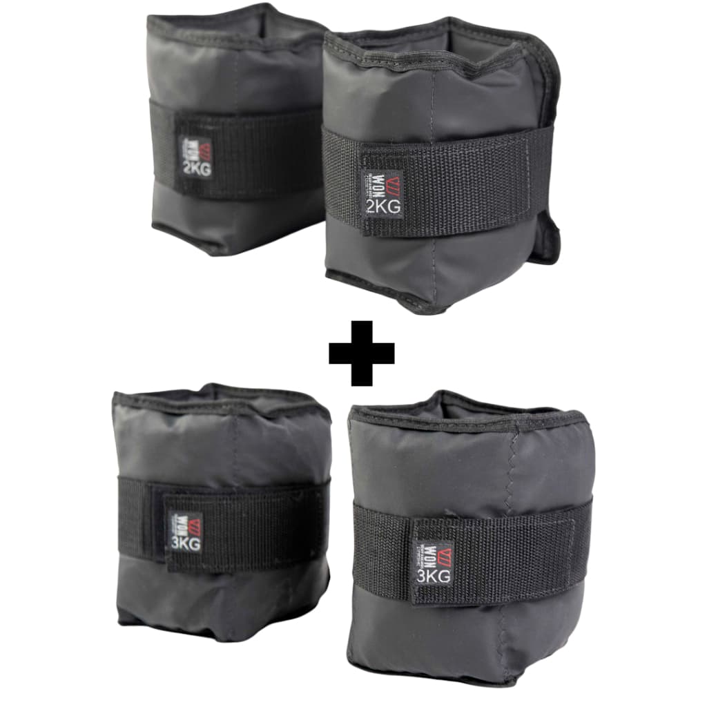 Kit Par Caneleiras 2kg + 3kg Profissional Won Tornozeleira de Peso Academia Treino Funcional Preto