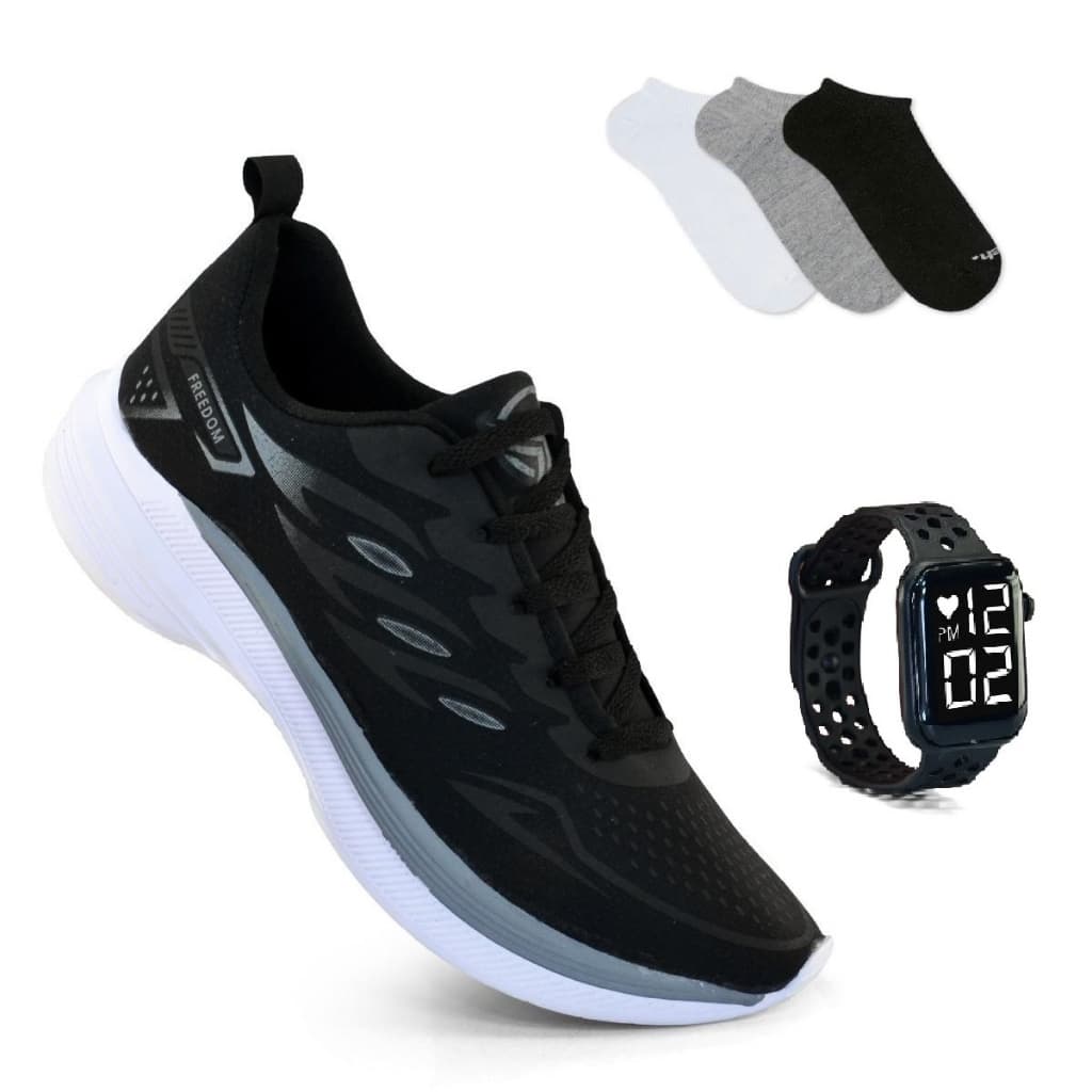 Kit Tenis Masculino + Relogio + Meia Esportivo Versatil Caminhada Treino Corrida Lançamento Promoção