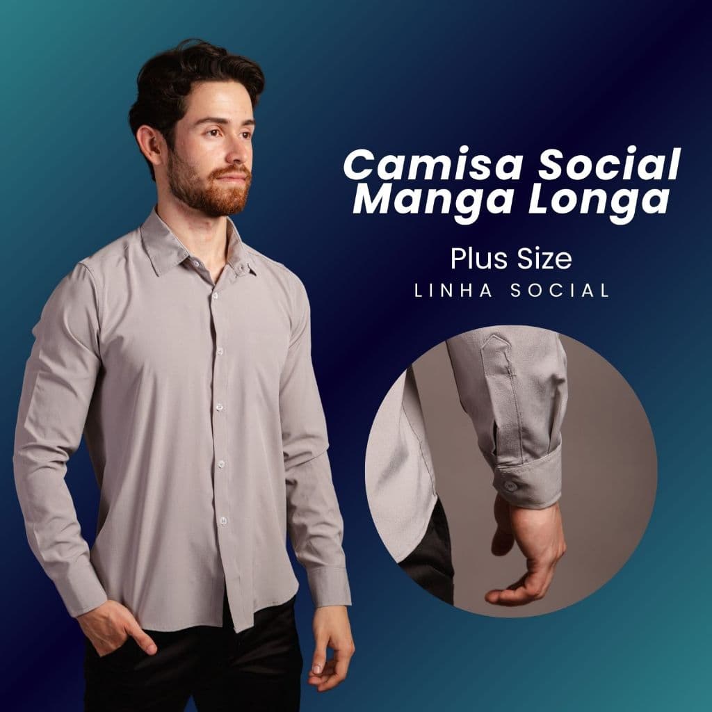 Camisa Social Slim Lisa Masculina Manga Longa Plus Size