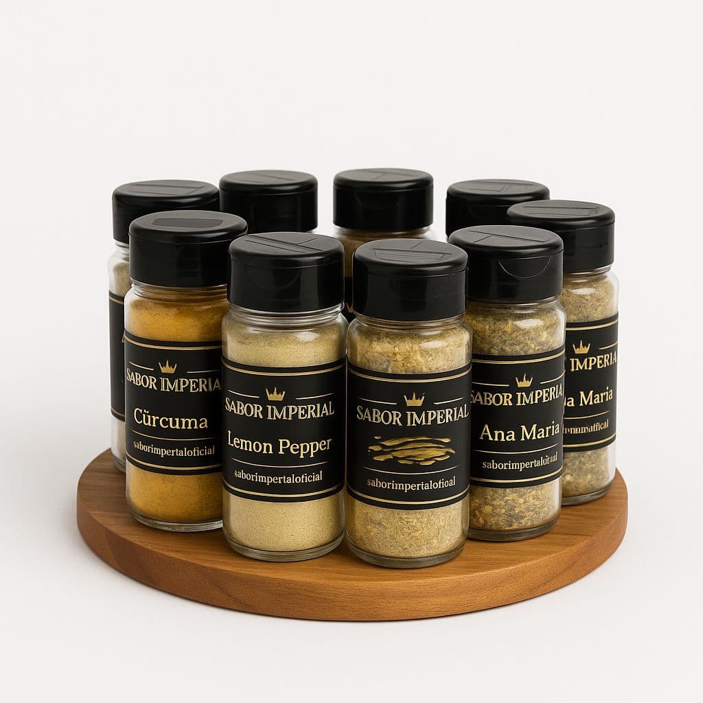 Kit 9 Temperos Condimentos No Pote De 100ml + Suporte Organizador Em Bambu Redondo