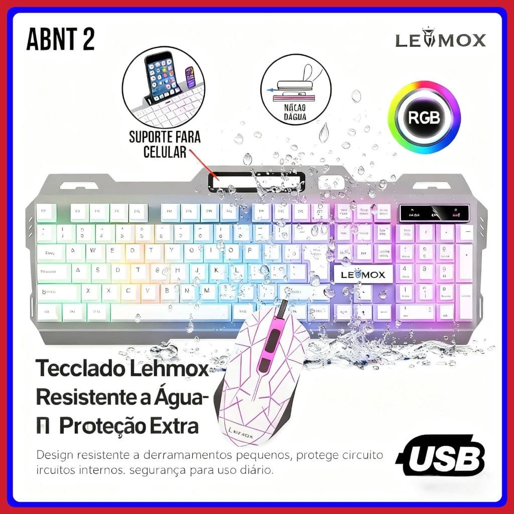 Kit Teclado e Mouse Semi-Mecânico Metal Gamer Lehmox RGB ABNT2 - Suporte Celular + Mouse 1600 DPI - Plug and Play
