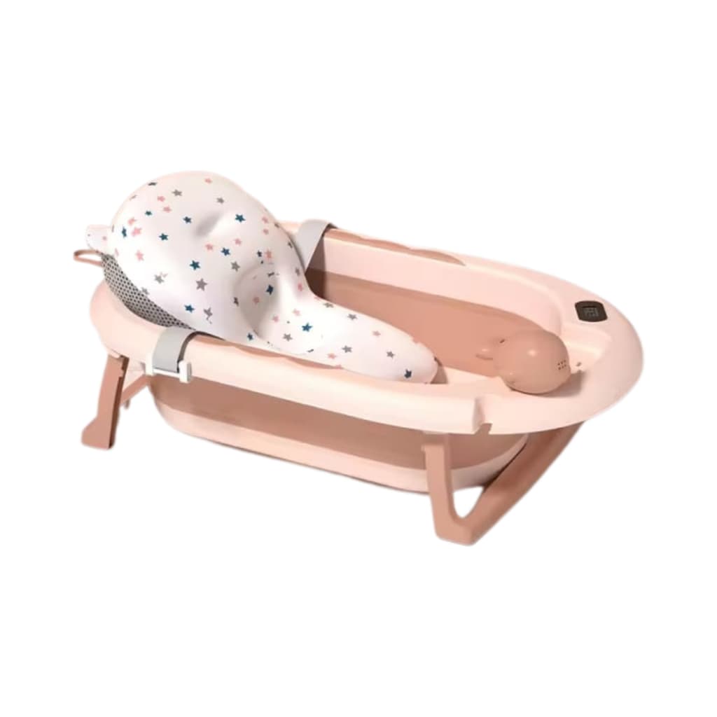 Banheira rosa para bebe com termômetro digital + almofada + chuveirinho de mão