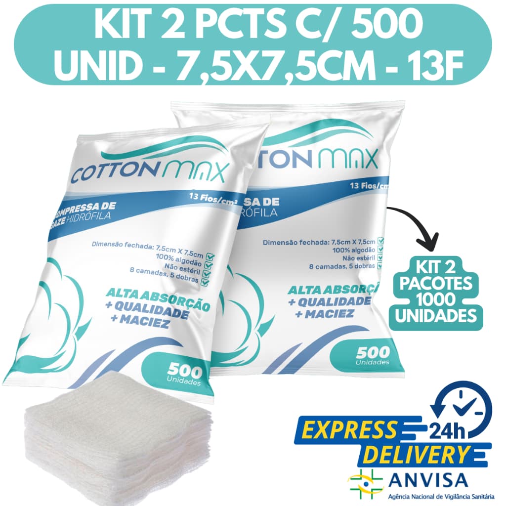 Kit 2 Compressa De Gaze 13 Fios 7,5x7,5 1000 Unidades Cotton Max Hidrófila Gazes Descartável Anvisa