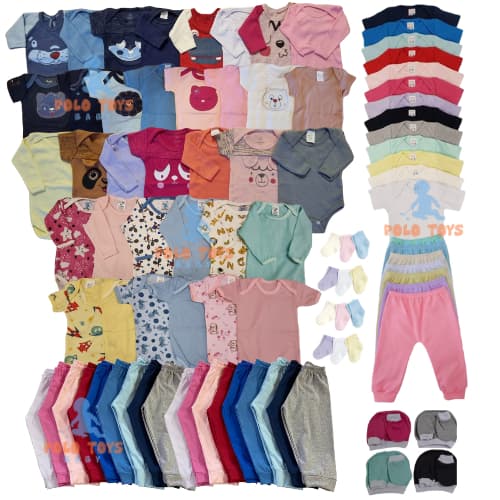 Kit c/ 13 peças Enxoval de Bebê 100% Algodão Body, Mijão, touca, luva e meia