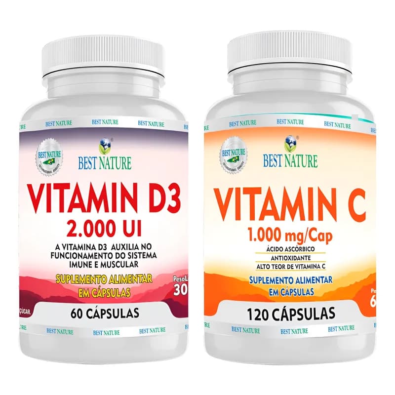 Combo Vitamina C 1000mg 60 Caps + Vitamina D3 2000UI 60 Caps Antioxidante Puro