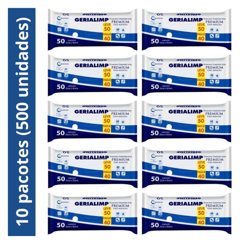 Lenço Umedecido Geriátrico Adulto Gerialimp - Kit com 10 pacotes (500 unidades)