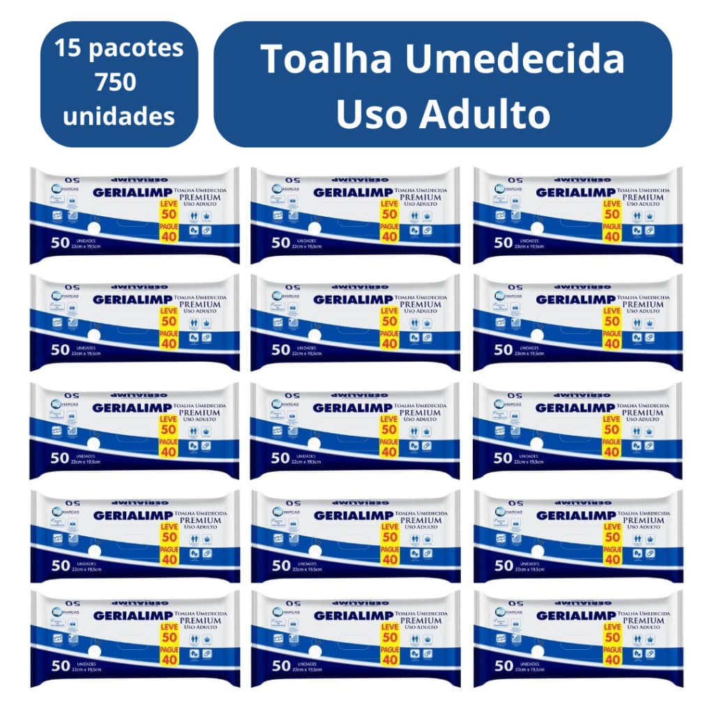 Lenço Umedecido Geriátrico Adulto Gerialimp - Kit com 15 pacotes (750 unidades)