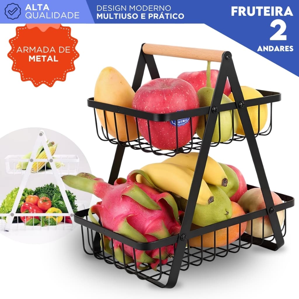 Fruteira de Mesa Preta 2 Andares em Metal com Alça de Madeira Cesto Organizador Multiuso Moderna -MN
