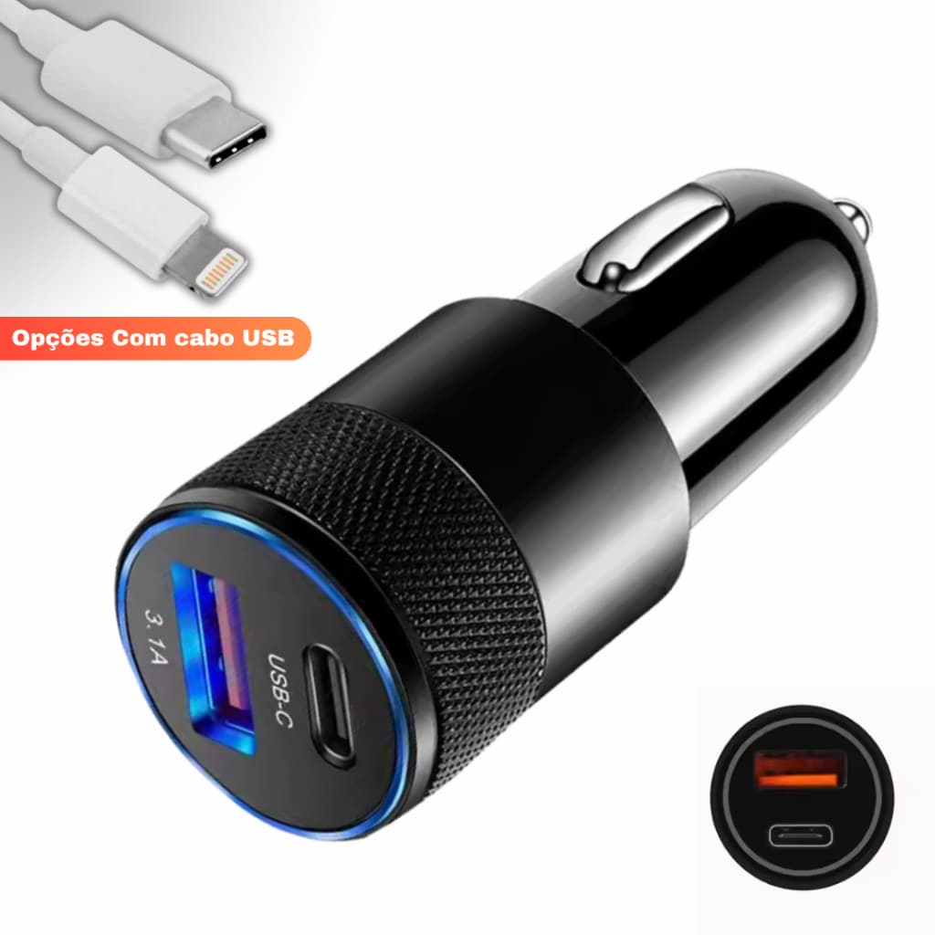 Carregador Veicular Turbo Celular e Tablet com Entrada tipo C + USB 3.4A  Carregamento Rápido