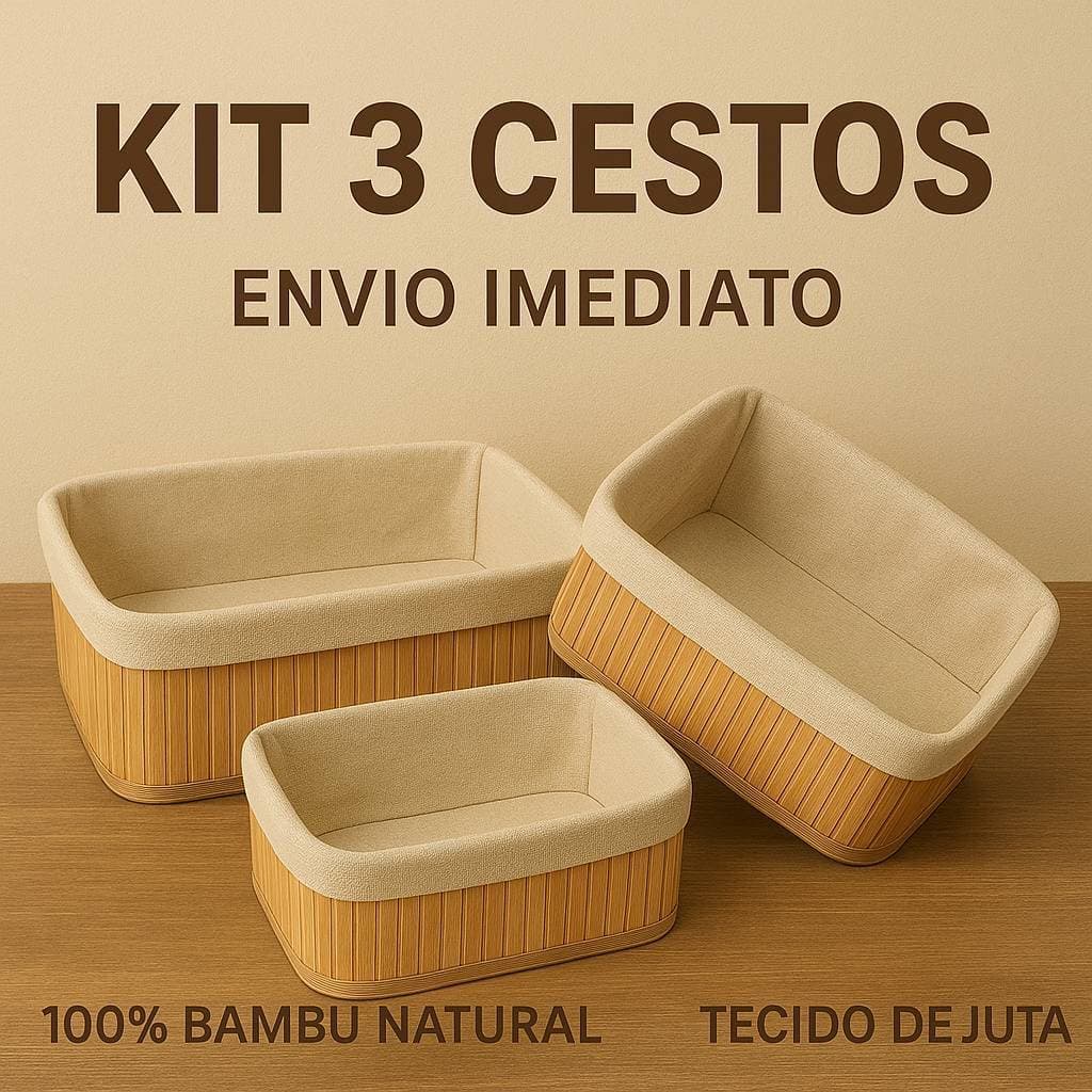 Kit 3 Cestos Organizadores de Bambu Multiuso com Forro Tecido Elegante Organização Banheiro