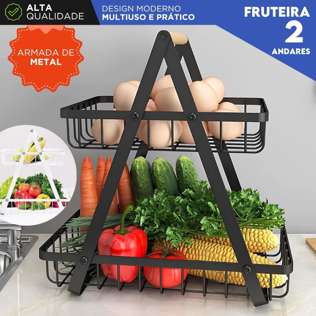 Fruteira de Mesa Preta 2 Andares em Metal com Alça de Madeira Cesto Organizador Multiuso Moderna -SH