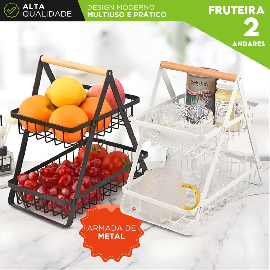 Fruteira de Mesa Preta 2 Andares em Metal com Alça de Madeira Cesto Organizador Multiuso Moderna -AV