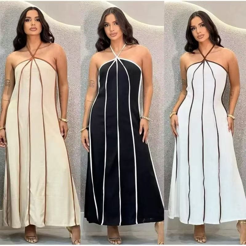 Vestido Longo Feminino Premium Frente Única Listrado Longo Tendência Amarração H-13