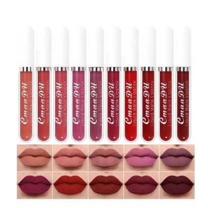 Kit De Batom Brilho Labial Líquido Prova De Água Matte Cmaadu 10 Peças