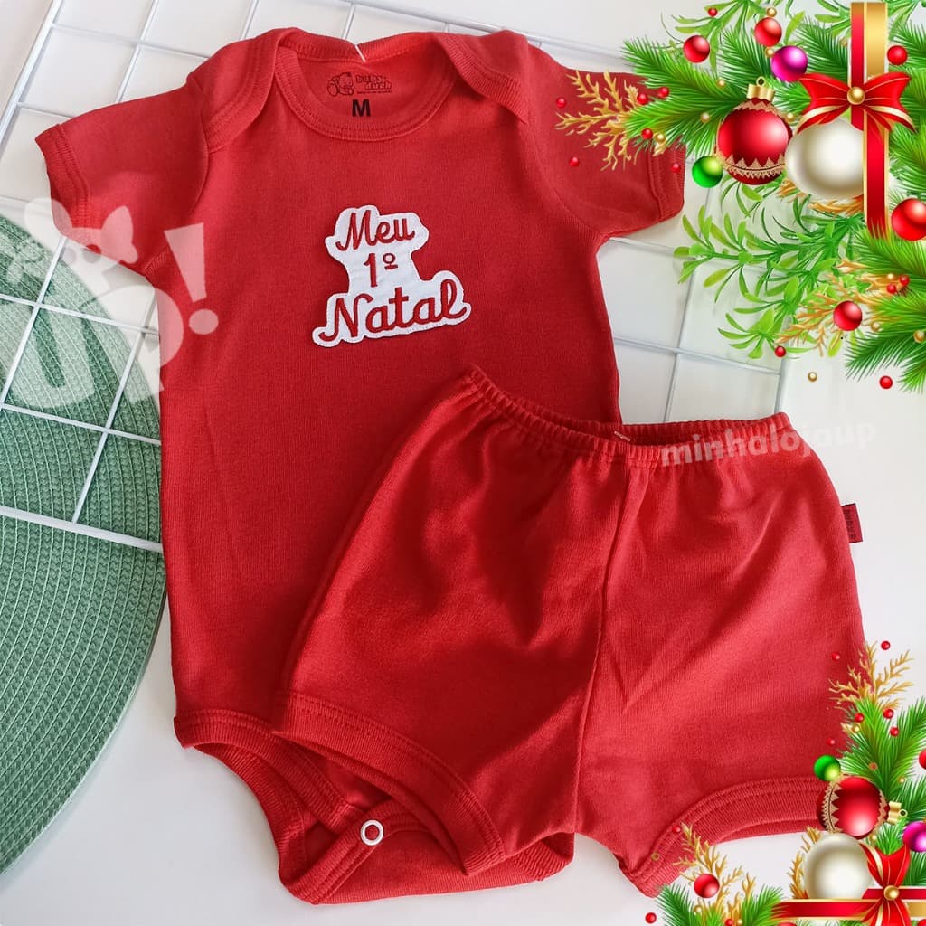 Roupinha de Natal  Bebê Meu Primeiro Natal Roupa Infantil Conjunto Menino Menina Body e Shorts P M G