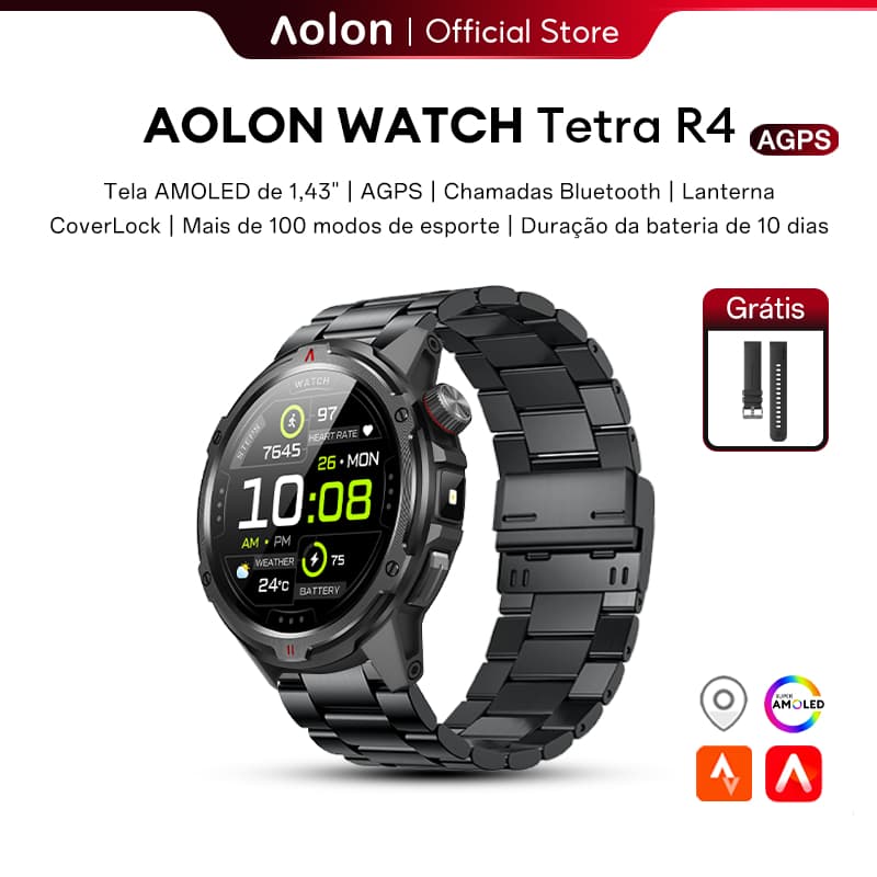 Aolon Tetra R4 Smartwatch Relogio 1.43" AMOLED Bluetooth AGPS IP68 À Prova D'água Bateria 20dias Relógio inteligent
