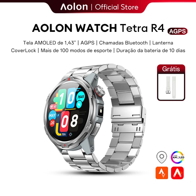 Aolon Tetra R4 Relógio inteligente AMOLED AGPS bússola smartwatch relógio masculino Bluetooth 1ATM IP68 À prova d'água