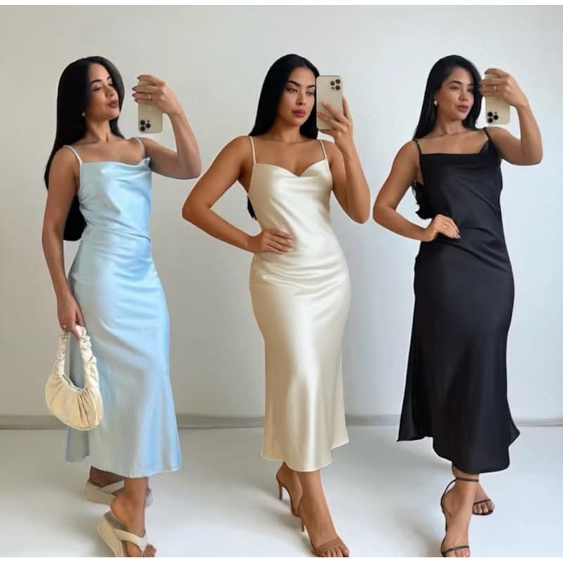Vestido Midi Feminino Cetimcom Elastano - Moda Elegante Alça Fina Regulável Tendência