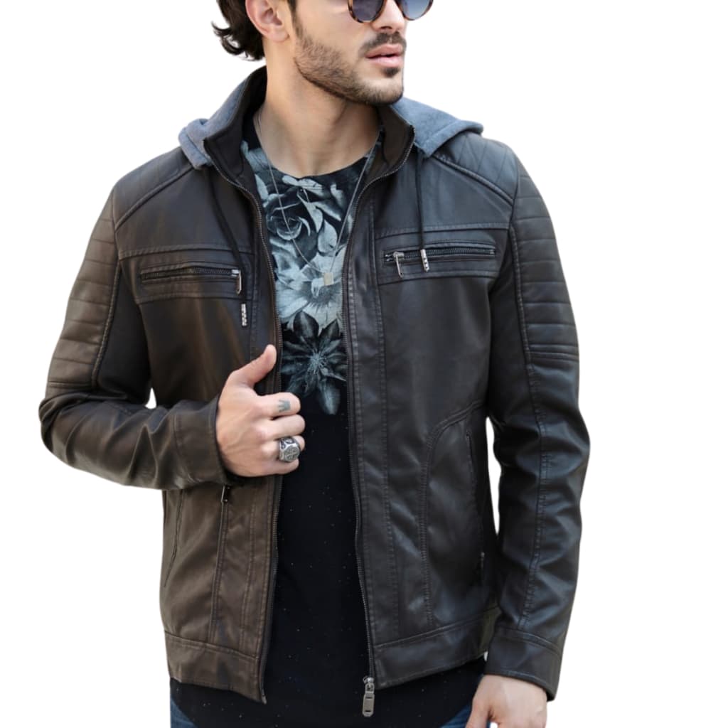 jaqueta de couro masculina com touca slim