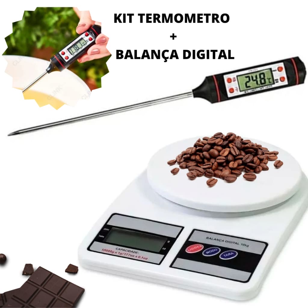 Kit Culinario Balança Digital 10Kg + Termômetro Digital De Cozinha Para Chocolate Carne Leite