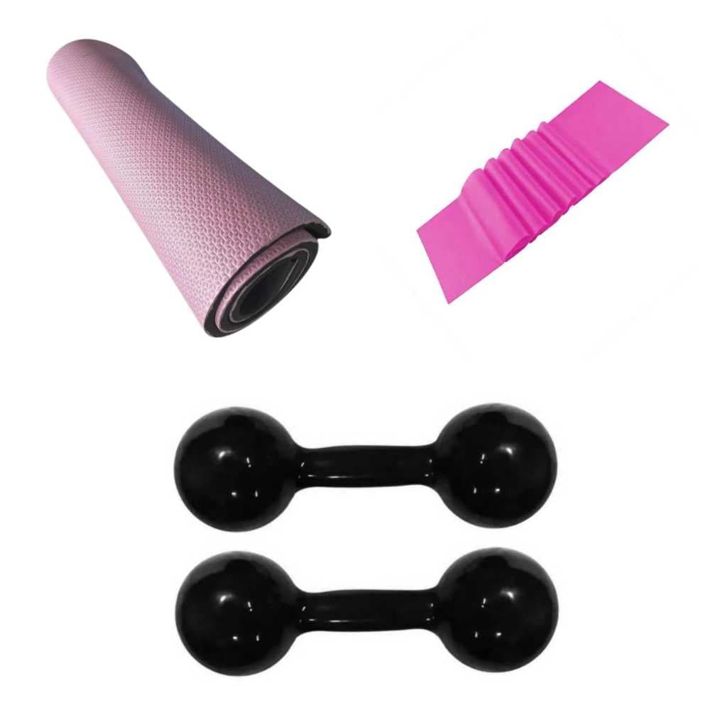 Kit Treino Preto 1kg – Par de Halteres Revestidos + Tapete de Yoga Antiderrapante + Elástico Grande