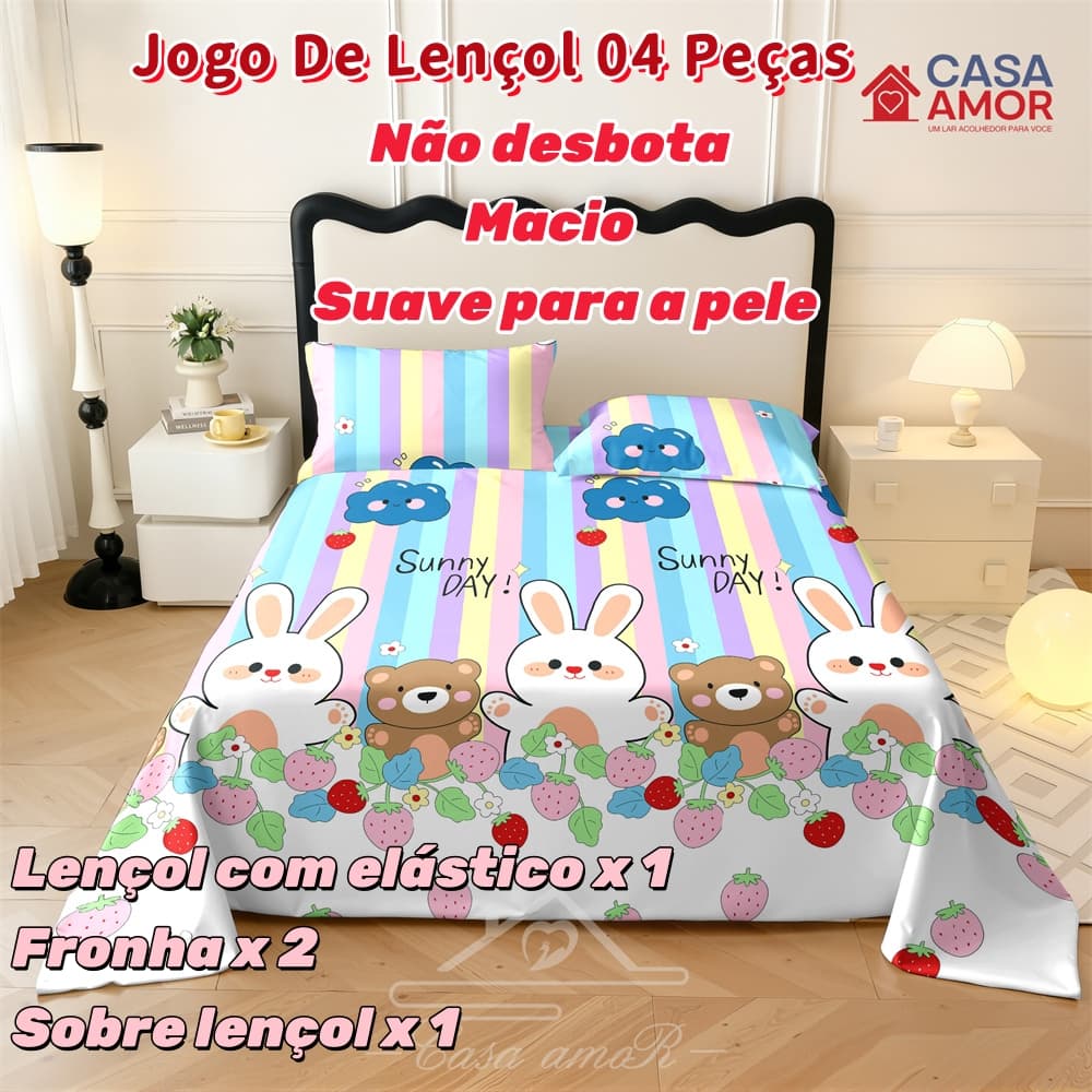 Estampa Coelho e Urso Jogo De Lençol 03 e 04 Peças SOLTEIRO CASAL Percal Ponto Palito Estampado