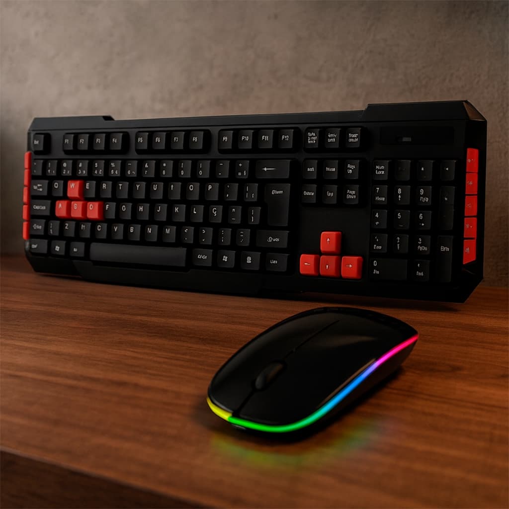 Kit Mouse Wireless LED RGB + Teclado Gamer Multimidia USB Sem Fio