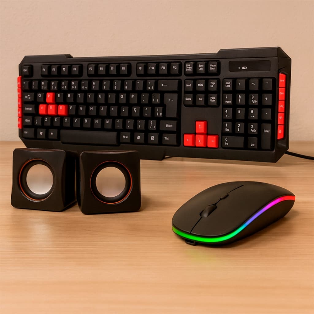 Kit 3 em1 Mouse Wireless RGB + Teclado Multimidia Sem Fio USB + Caixa De Som 6W P2