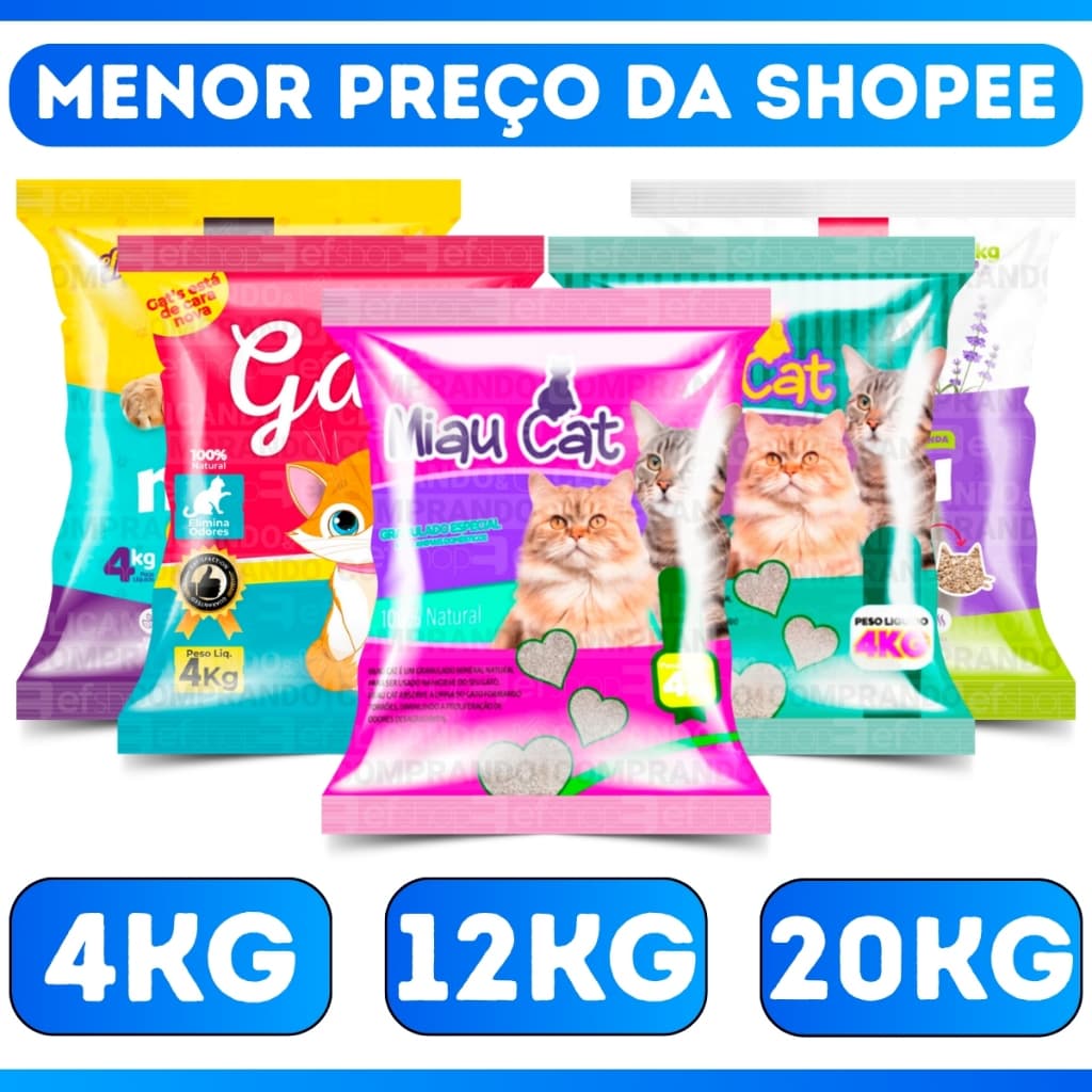 Conjunto Pacotes de Areia Sanitária Antiodor Tira Cheiro Miaucat Gatos Tradicional 100% Natural