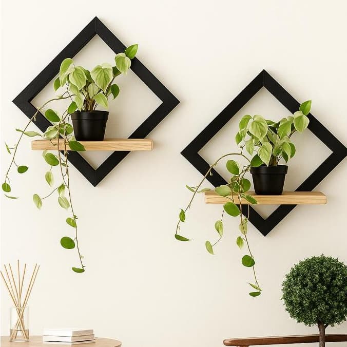Quadro prateleira decoração de parede nicho Organizador suporte de madeira losango 2unidades 40cm