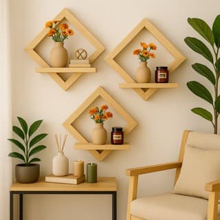 Prateleira de parede Quadro losango decorativo natural suporte Organizador 40cm para fotos livros sala quarto jardim