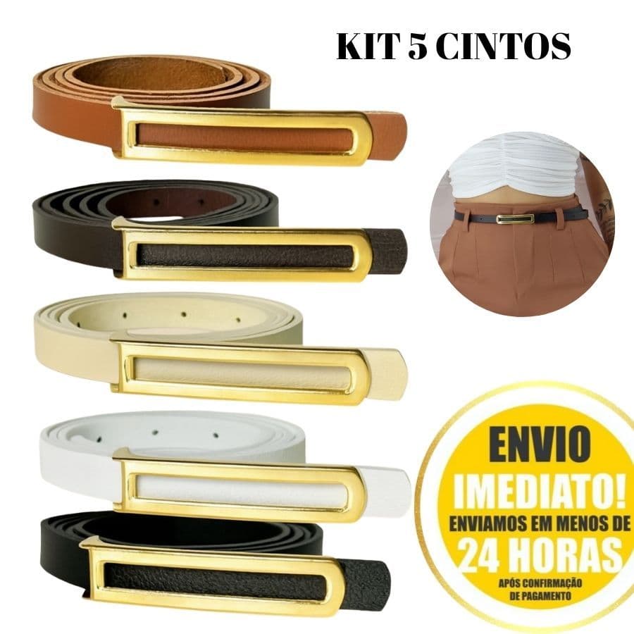kit 5 Cinto Fino Feminino Pra Calça, Vestido, Short e Macacão Fivela Dourada