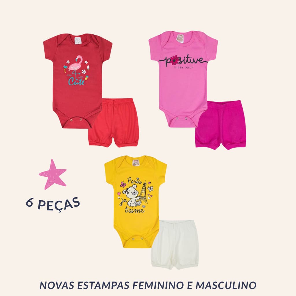 Kit 6 Peças Conjunto Body Bebê Menina Manga Curta + Short Verão Praia Roupa de Bebê Infantil