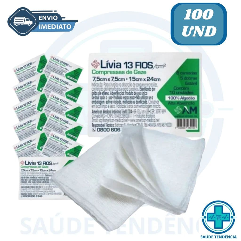 Kit 100 Unidades Compressa Gaze Estéril 13 Fios 7,5x7,5 10 Pacotes Livia